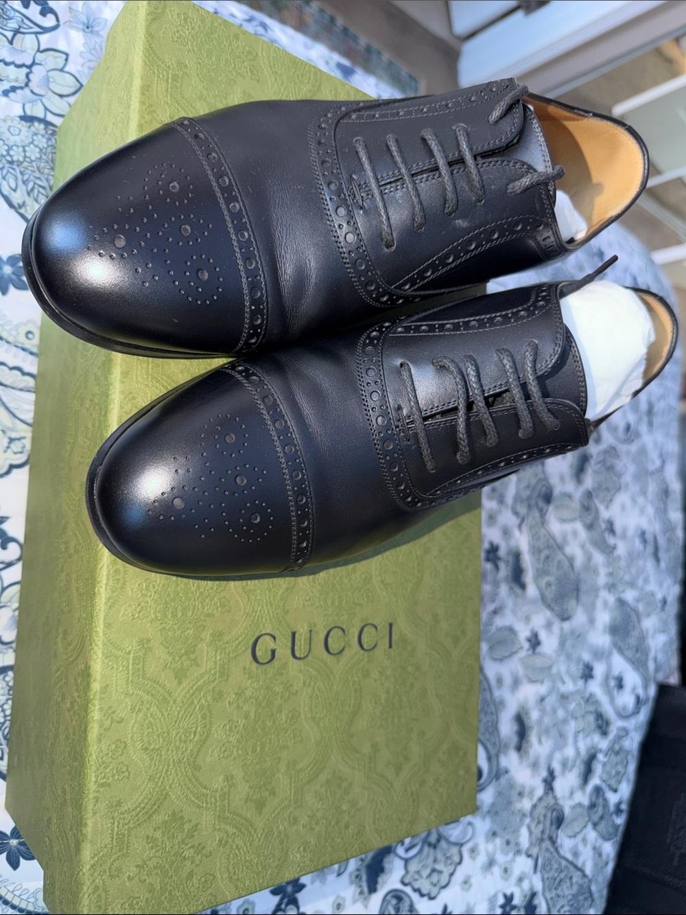 Gucci Black Leather Cap-Toe Brogue Oxfords